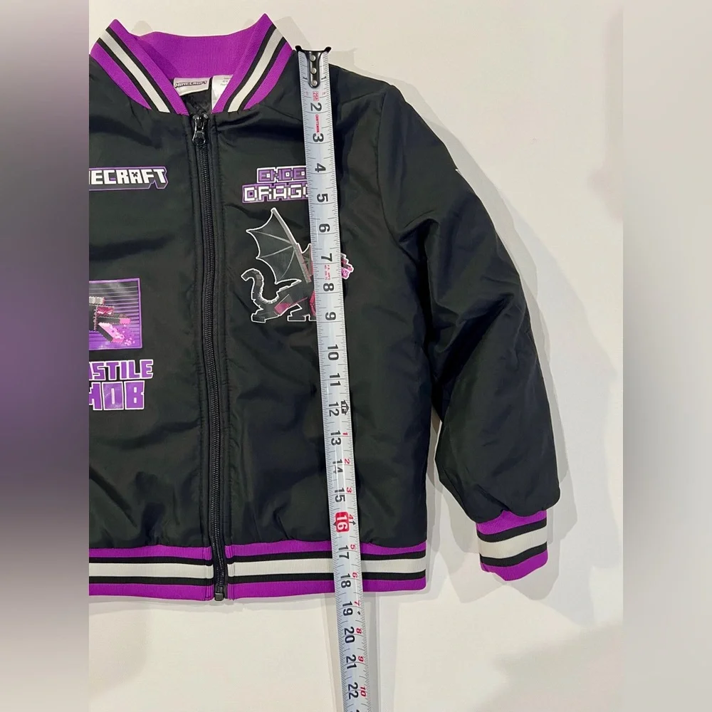 Minecraft Ender Dragon Bomber Jacket Kids Black and Purple Puffer Size 7 Unique - Picture 2 of 12